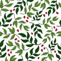 Branches with leaves and pomegranate seeds. Seamless pattern in the style of doodles vector