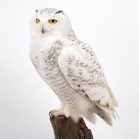 White owl portrait, photo studio on white background,