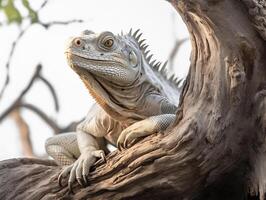 detallado estudio retrato de iguana en un árbol rama, aislado en blanco fondo, generativo ai foto