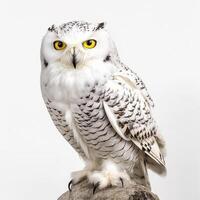 White owl portrait, photo studio on white background,