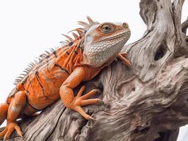 Studio portrait of an orange iguana on a tree branch. isolated on white background. photo