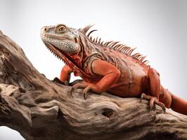 detallado estudio retrato de un rojo iguana en un árbol rama, aislado en un blanco fondo, generativo ai foto