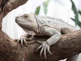 Studio portrait of white iguana on a tree branch. isolated on white background. photo