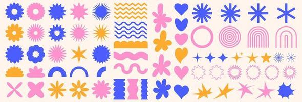 Trendy abstract shapes. Flower, star, wave, heart, circle, spiral. Retro groovy aesthetic. Modern 90s - 2000s style. Elements for posters design, stickers. Vector illustration.