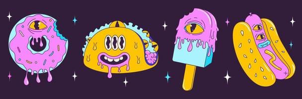 Psychedelic retro cartoon fast food character set. Modern stickers in trendy Y2K style with taco, ice cream, donut, hot dog. Funny faces with distorted eyes and vibrant colors. Crazy vector. vector