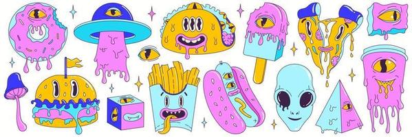 Psychedelic cartoon sticker set. Modern character burger, pizza, soda, hot dog, tacos, ice cream, donut, french fries. Funny faces with distorted eyes and vibrant colors. Flowing texture. Crazy eyes. vector