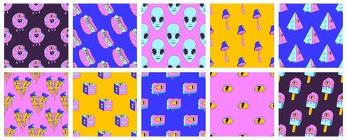 Psychedelic acid seamless pattern set with trendy weird characters and elements. Trendy trippy 90s - 2000s style. Modern posters. Vibrant color. Fast food, alien, crazy eyes. Funny vector illustration