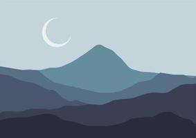 mountain flat landscape vector illustration. Vector horizontal landscape with fog, forest, mountains and morning sunlight. Illustration of panoramic view, mist and silhouettes mountains.