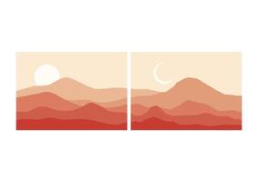 mountain flat landscape vector illustration. Vector horizontal landscape with fog, forest, mountains and morning sunlight. Illustration of panoramic view, mist and silhouettes mountains.