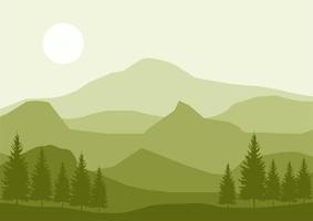 mountain flat landscape vector illustration. Vector horizontal landscape with fog, forest, mountains and morning sunlight. Illustration of panoramic view, mist and silhouettes mountains.