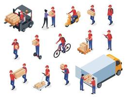 Isometric delivery men with boxes, warehouse workers, postmen. Couriers in uniform delivering packages on scooter, bike or cargo truck vector set