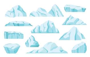 Cartoon icebergs, arctic ice rocks, antarctic glaciers. North pole frozen icy mountain, ice floe, floating iceberg, frozen blocks vector set
