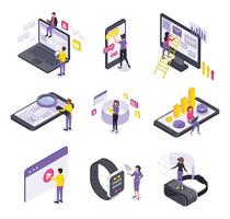 Isometric user interface. People interacting with devices screen. Mobile application, software development, vr technology vector concept set