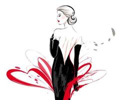 Sexy woman wearing black evening dress and showing her back in ink stroke style vector