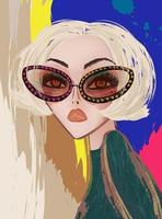 Modern bright blonde short hair woman wearing sunglasses on colorful brush paint background vector
