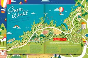 mundo tierra día artículo revista modelo diseño en plano estilo, verde bosque mapa vector