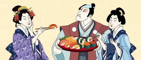 Retro Japanese people eating sashimi together in ukiyo-e style vector