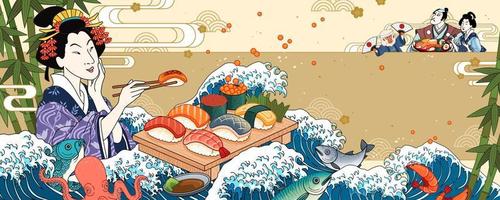 Ggeisha eating sashimi on giant wave tides background in ukiyo-e style vector