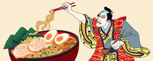 Man is going to eat ramen in ukiyo-e style vector