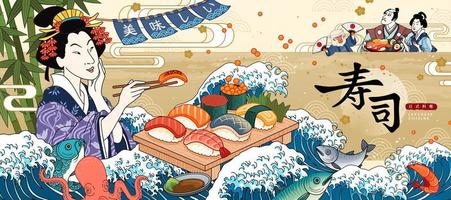 Sushi bar ads with geisha eating sashimi on giant wave tides background in ukiyo-e style, Delicious and sushi written in Chinese text vector