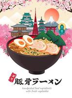 delicioso tonkotsu ramen caldo póster con famoso puntos de referencia y Cereza flores en ukiyo-e estilo, sabroso Cerdo caldo tallarines escrito en Japón kanji texto vector