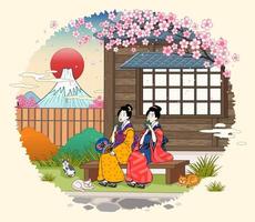 mujer sentado fuera de el retro japonés té habitación y disfrutando bocadillo en ukiyo-e estilo vector