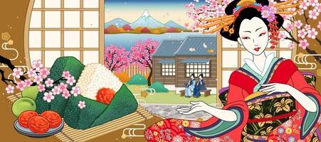 salado ciruela arroz pelota anuncios con hermosa geisha y Cereza florecer en ukiyo-e estilo vector