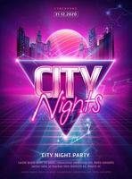 Fancy night party poster in cyberpunk style with skyscrapers on abstract triangle background vector
