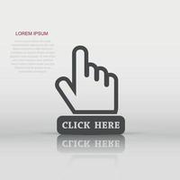 Vector click here icon in flat style. Hand cursor sign illustration pictogram. Pointer business concept.