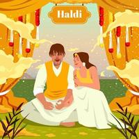contento indio Pareja en Haldi ceremonia vector