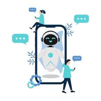 Illustration with artificial intelligence chat bot, character in the phone and chatting. The phone is surrounded by characters of people with a phone who communicate with the chat bot. vector