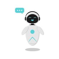 Illustration of a sticker with a happy robot who wants to communicate. A robot with artificial intelligence to communicate in a chat bot. The design is minimalistic in flat style. vector