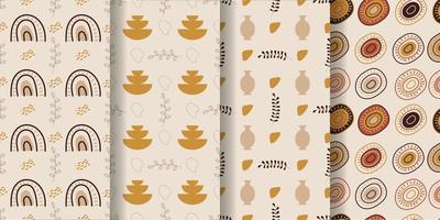 Aesthetic patterns. Boho patterns. Set of seamless pattern with  rainbows, sun, leaves, vase, dots and abstract shapes in boho and aesthetic style. Vector Illustration.