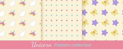 Collection of unicorn patterns. Magical vector patterns set. Seamless patterns with bows, stars, wings, horns.