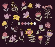 Set of colourful handdrawn fantastic flowers and leaves on a dark background. vector