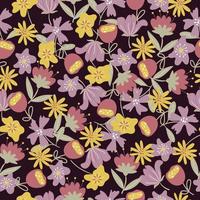 Colourful seamless pattern with fantastic flowers and leaves on a dark background. Vector design for paper, cover, clothes, fabric.