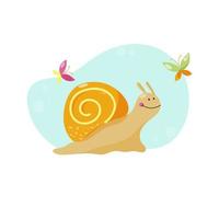 Colourful smiling snail with butterflies on a blue abstract background. Vector design in a cartoon style.