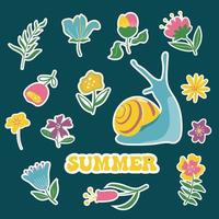Sticker pack of colourful handdrawn fantastic flowers, leaves and snail. Cute summer or spring vector design.