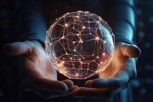 Artificial intelligence development for future of people living. Two hands hold a glowing ball of energy. Generative AI photo