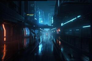 Neon night in a futuristic city. Wallpaper in a cyberpunk style. Empty street with neon lights reflecting in a water. photo