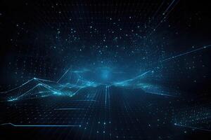 Sci-fi background of glowing particles with depth of field. Network connection. photo