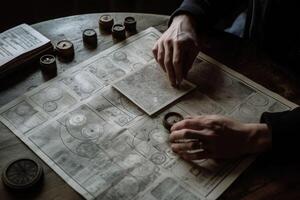 Male hands holding tarot cards. Astrologer calculates natal chart and makes a forecast. photo
