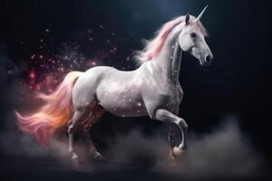 The unicorn with a pink mane and tail in a magical space. photo