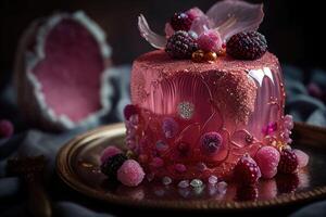 Gorgeous pink cake with crystals and flaky copper leaf and pearl sprinkles on a beautiful ornate plate. photo