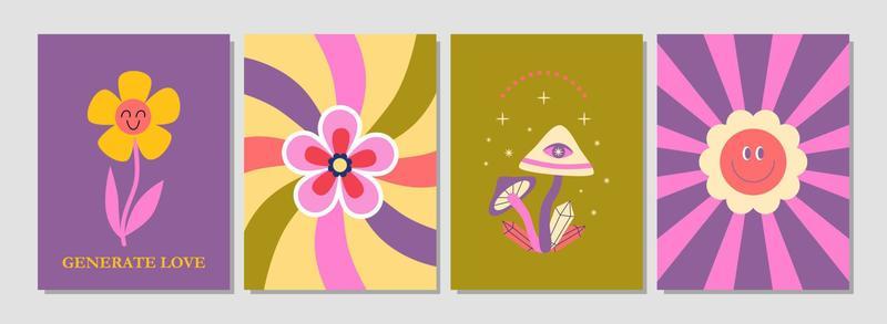 Set of 70s retro posters. Groovy flowers, psychedelic mushrooms, swirls, hypnotic rainbows, retro vintage lettering. Poster, flyer, card, banner design. Background. Nostalgia