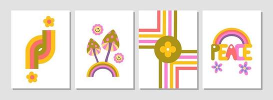 Set of 70s retro posters. Groovy flowers, psychedelic mushrooms, swirls, rainbows, retro vintage lettering. Mid century modern. Poster, flyer, card, banner design, graphic tee. Background. Nostalgia vector