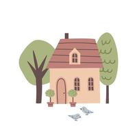 Vector cartoon illustration of cute house. Cozy home. Scandinavian style.  Summer landscape of with private building on white background.