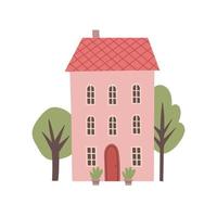 Small cute house with trees vector illustration. Cartoon buildings travel illustration. Hand draw style. Flat design. Real estate sale