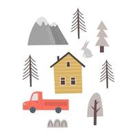 Forest house booking and rent. Modern apartments for rest on nature, mountain lodge at national park area, camping. Travelling by car, hand drawn doodle scandinavian style. Vector hotel poster.