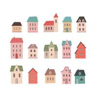 Set of small cute houses. Cartoon buildings icons. Tiny home collection in hand draw style isolated on white background. Flat design. vector